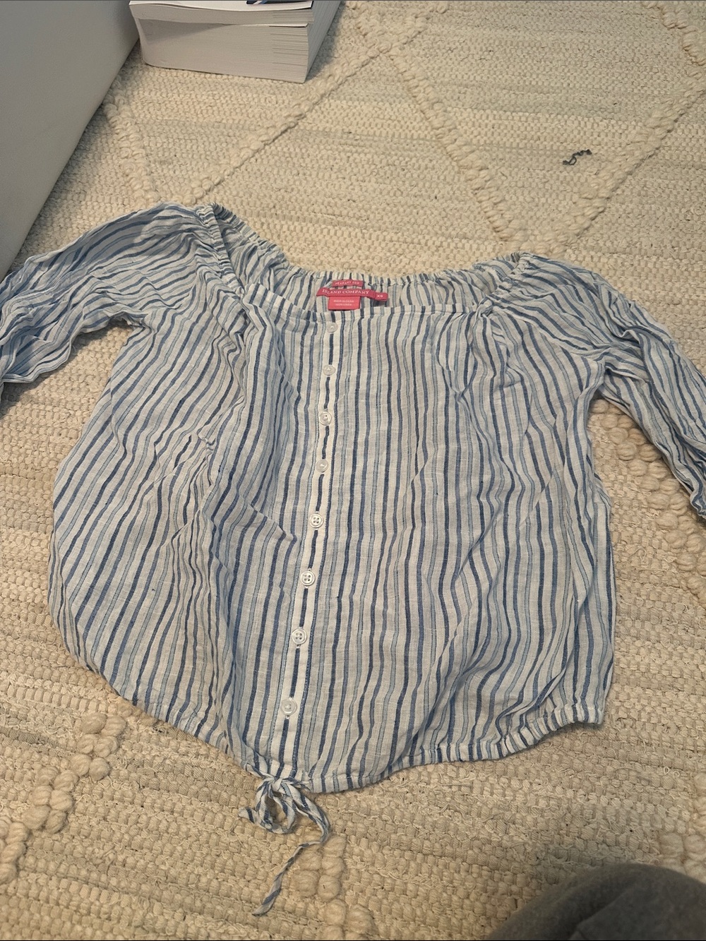 Island Company Blue and White Striped Off-Shoulder Button Top